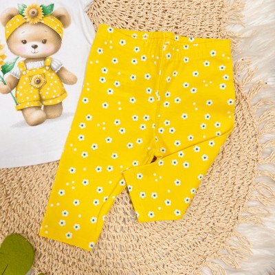 Conj. Blusa Ursinha Girassol e Calça Legging Florzinhas - Branco e Amarelo